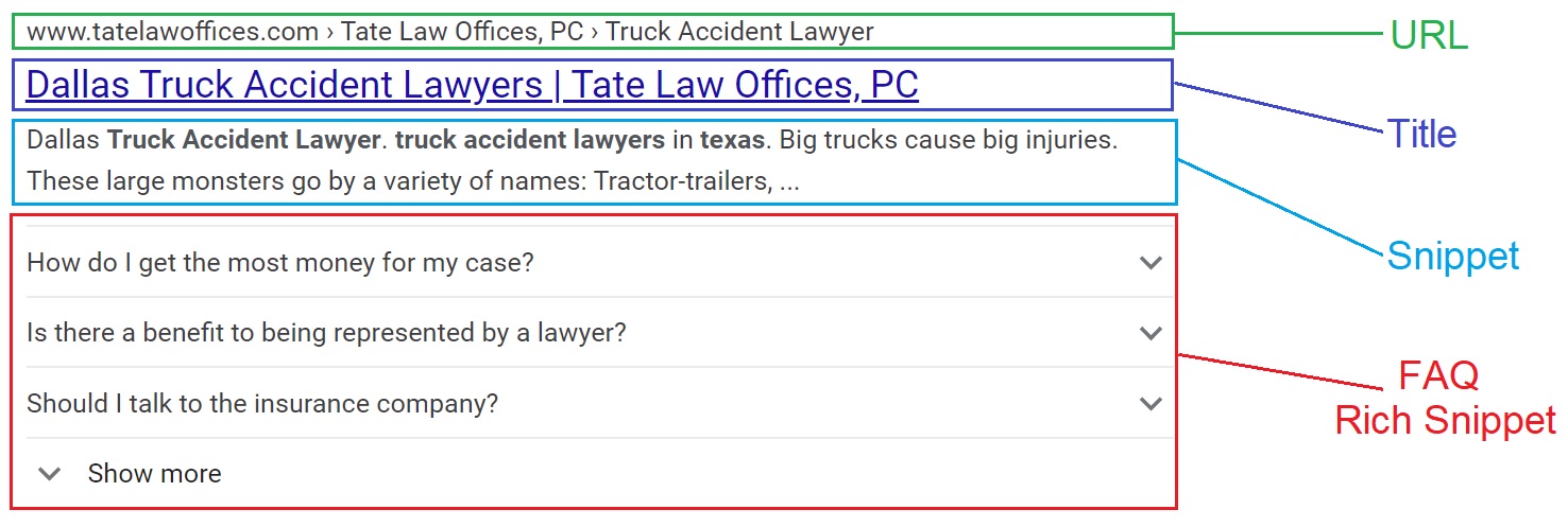 Example of FAQ rich snippet showing multiple questions under a Google search result